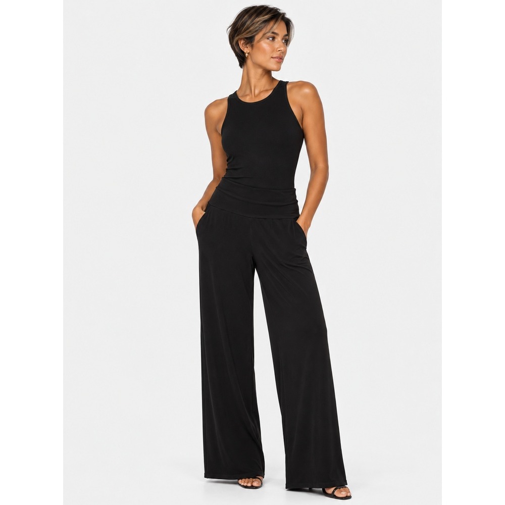 Eva Varro Black Wide Leg Classic Casual Pants High Rise Stretch USA L